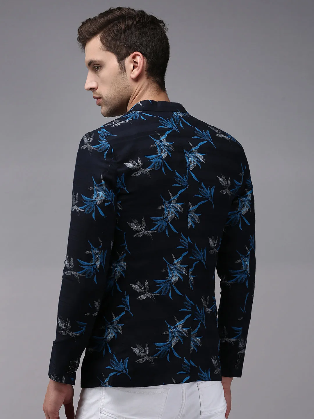 Men Navy Blue Printed Single-Breasted Party Blazers
