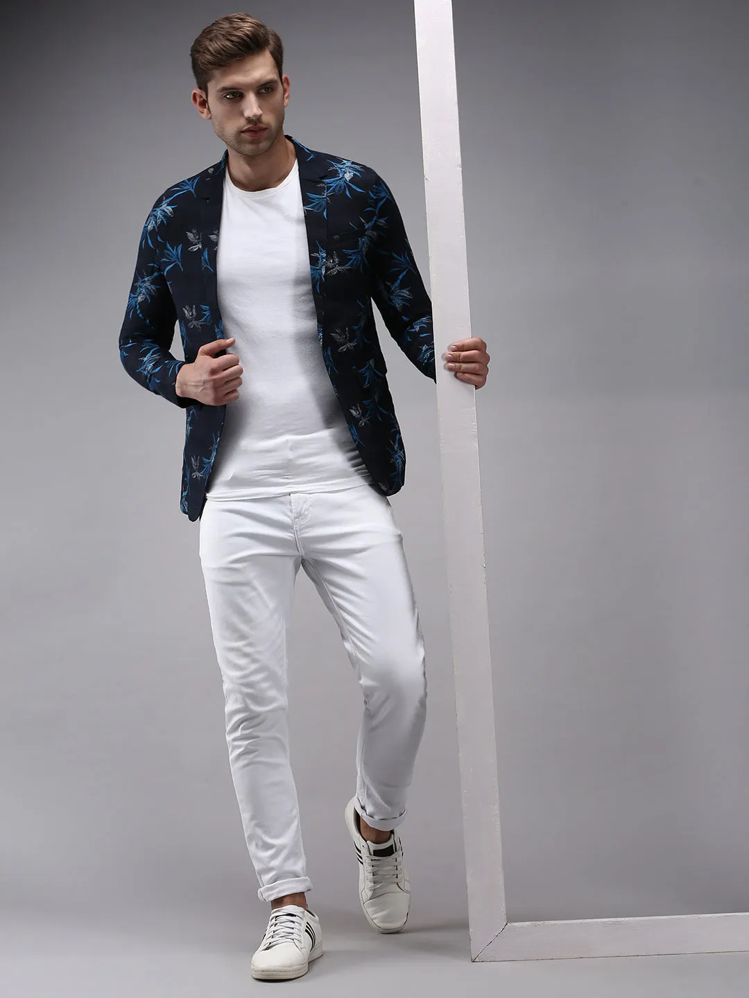 Men Navy Blue Printed Single-Breasted Party Blazers