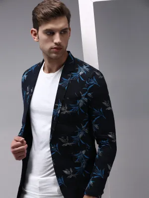Men Navy Blue Printed Single-Breasted Party Blazers