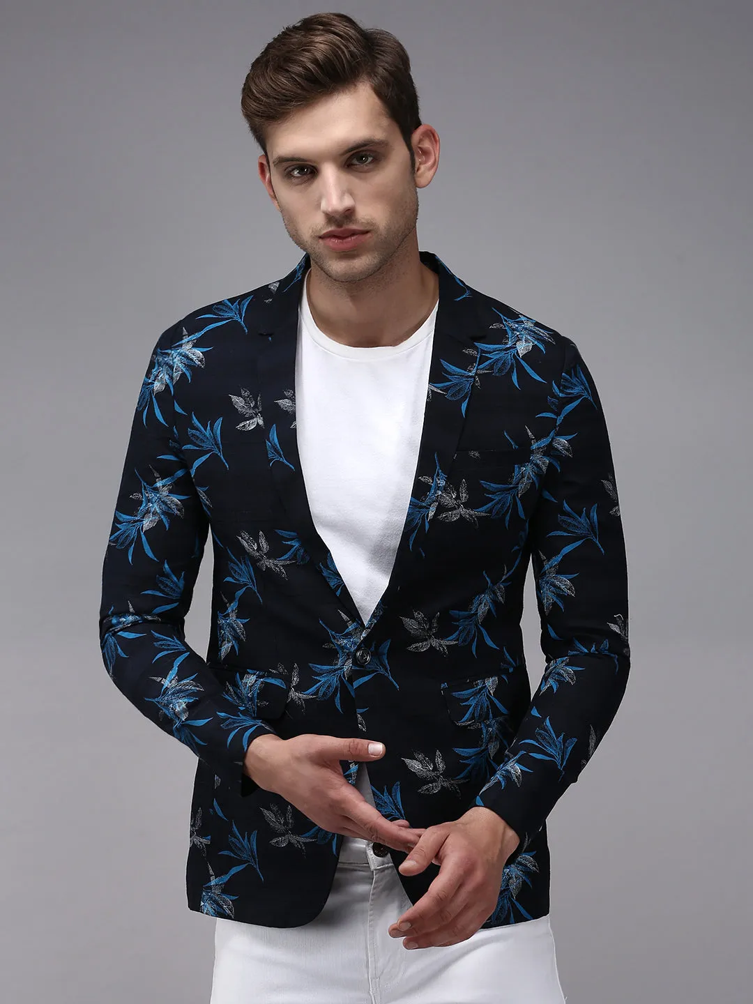 Men Navy Blue Printed Single-Breasted Party Blazers