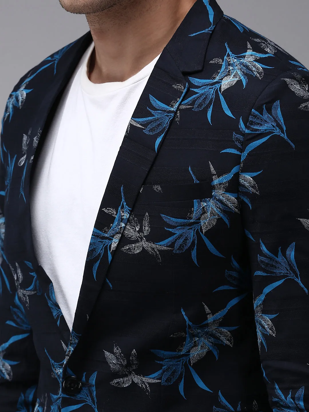 Men Navy Blue Printed Single-Breasted Party Blazers