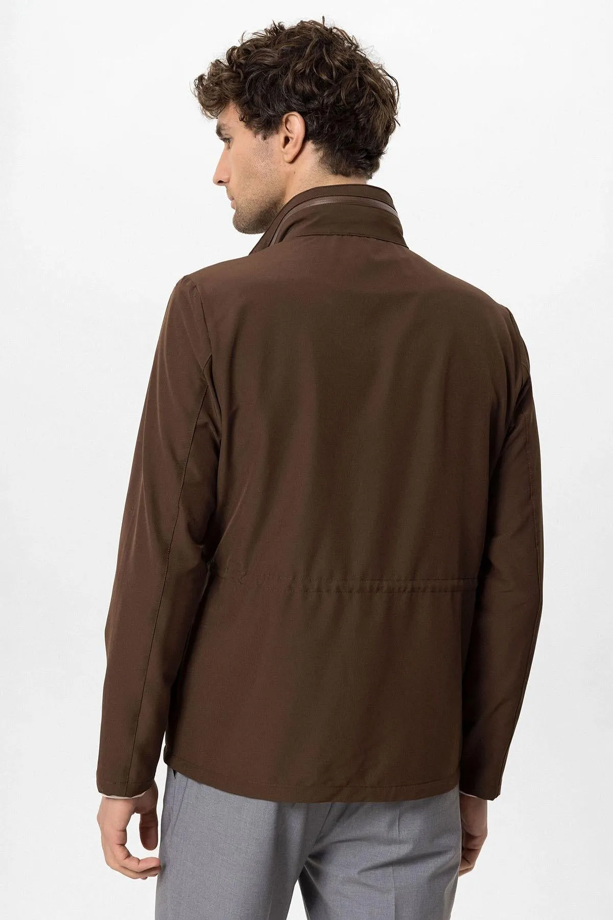 Men's Brown Stand Collar Safari  Jacket - Wessi