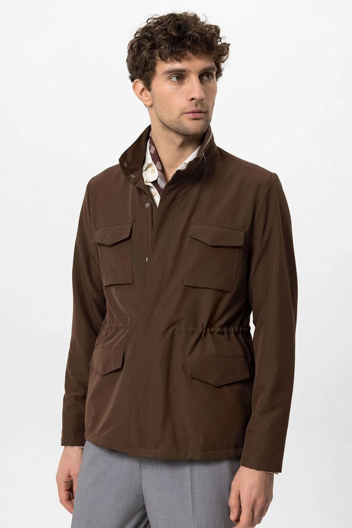 Men's Brown Stand Collar Safari  Jacket - Wessi