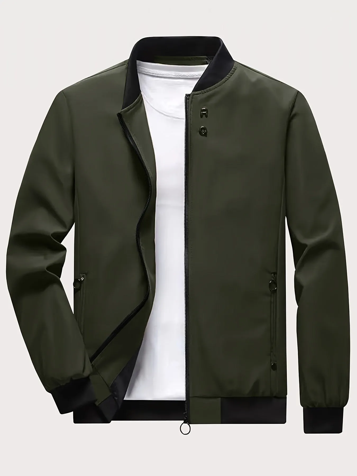 Men's Solid Sports Jacket With Zipper Pockets | Casual Baseball Coat