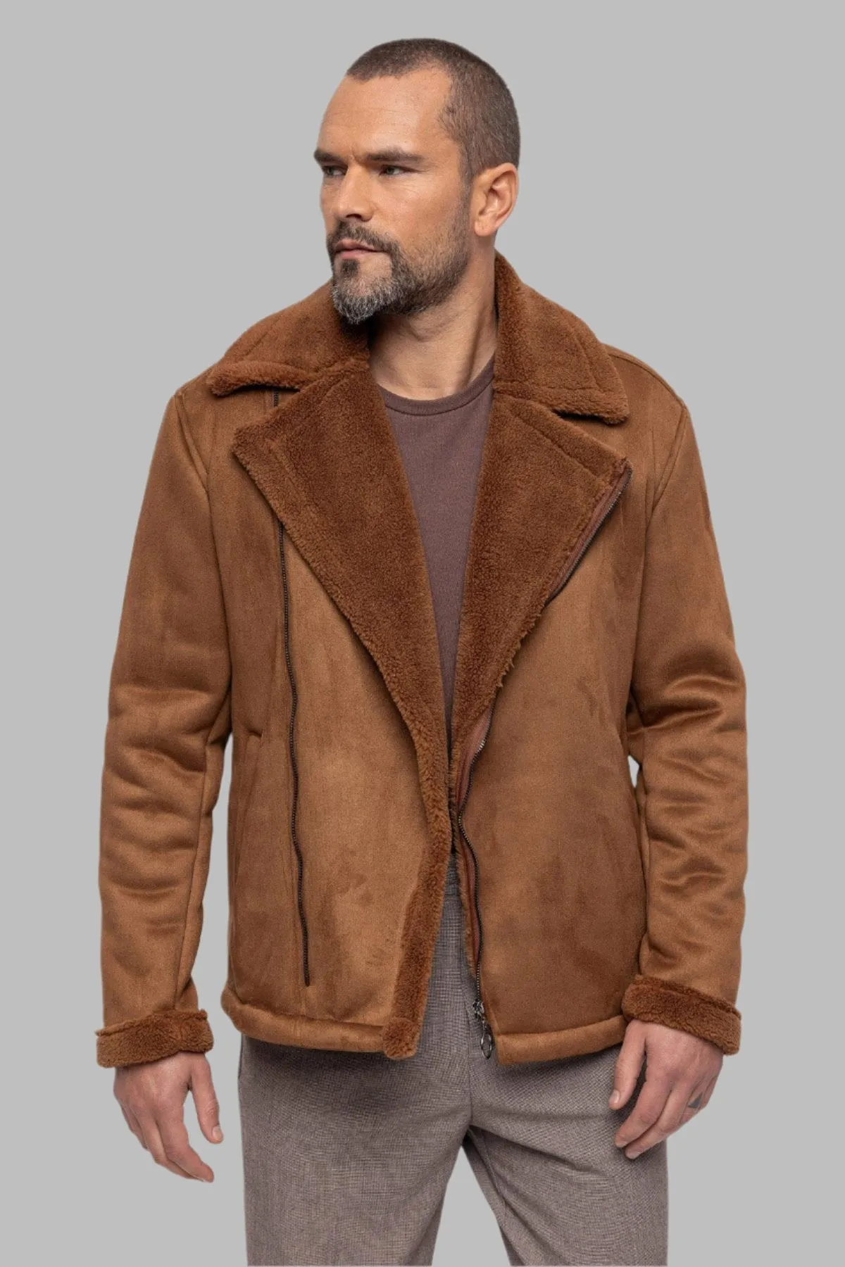 Men's Tan Faux Shearling Lined Suede  Jacket - Wessi