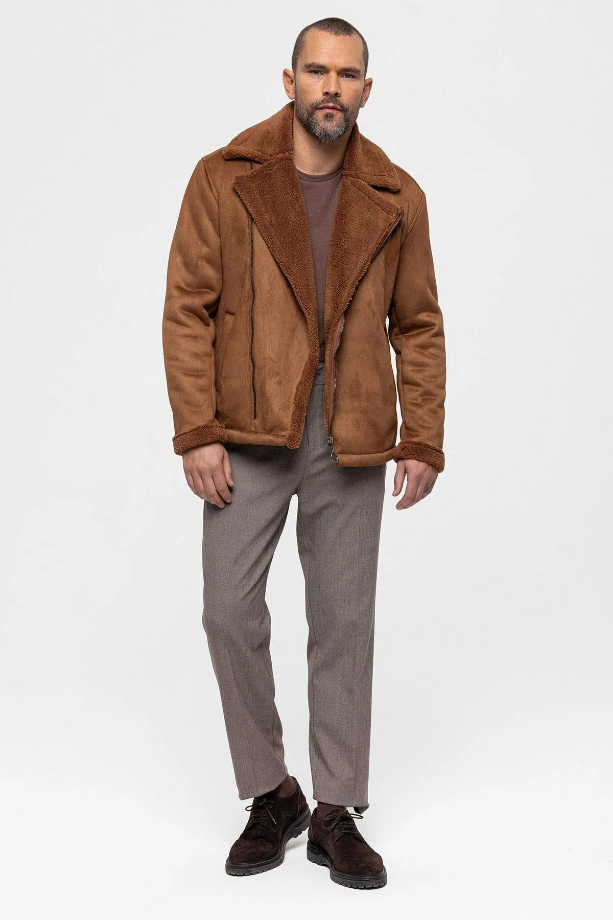 Men's Tan Faux Shearling Lined Suede  Jacket - Wessi