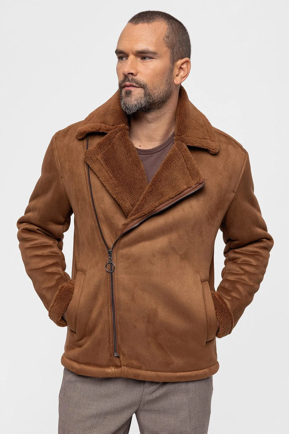 Men's Tan Faux Shearling Lined Suede  Jacket - Wessi