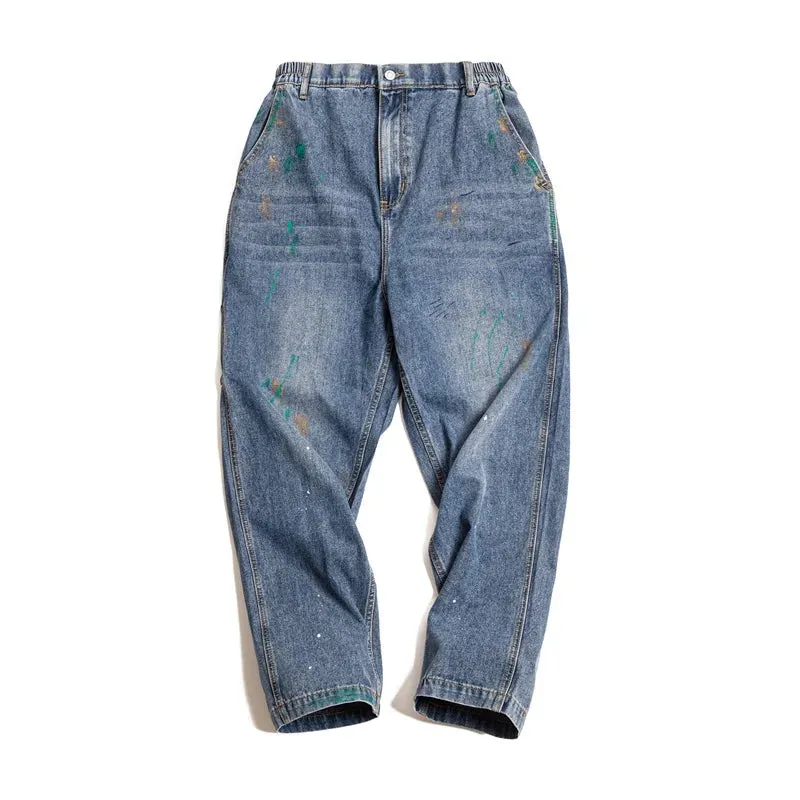 Mens Vintage Ink Graffiti Jeans - Light Blue Wash Straight Pants