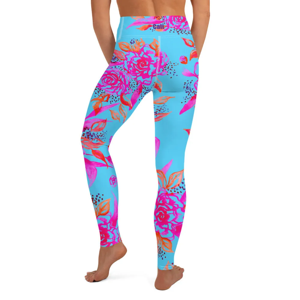 Painted Floral Turquoise Yoga Leggings