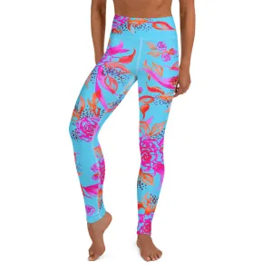 Painted Floral Turquoise Yoga Leggings