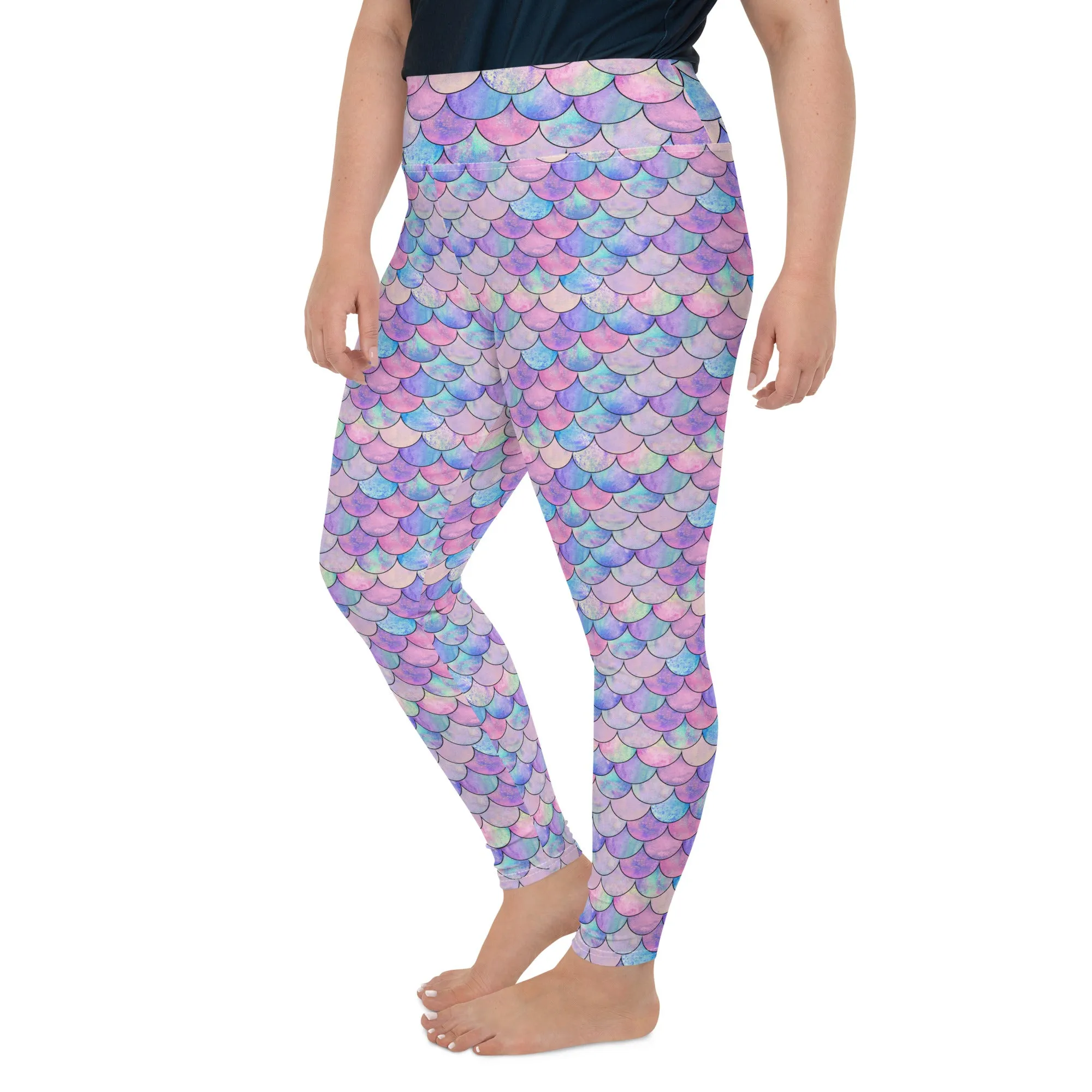Plus Size Pastel Mermaid Scales Swim SUP Paddleboard Leggings 2XL-6XL