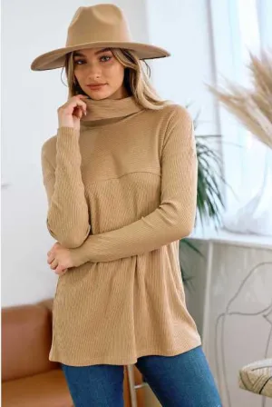 Ribbed Tan Loose Turtleneck Sweater