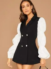 SHEIN Privé Contrast Lantern Sleeve Double Breasted Blazer