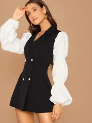 SHEIN Privé Contrast Lantern Sleeve Double Breasted Blazer