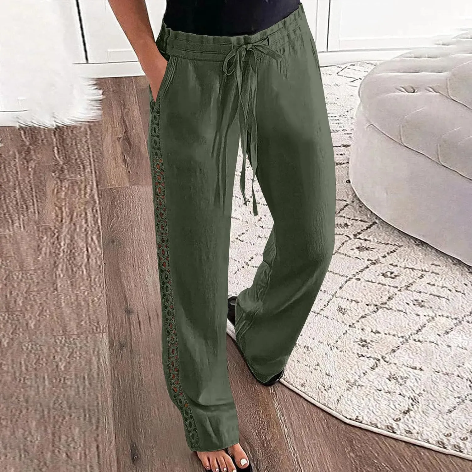 SHOPESSA Linen Pants Women 2025 Summer Hollow Out Side Long Pants Casual Wide Leg Palazzo Pants with Pockets