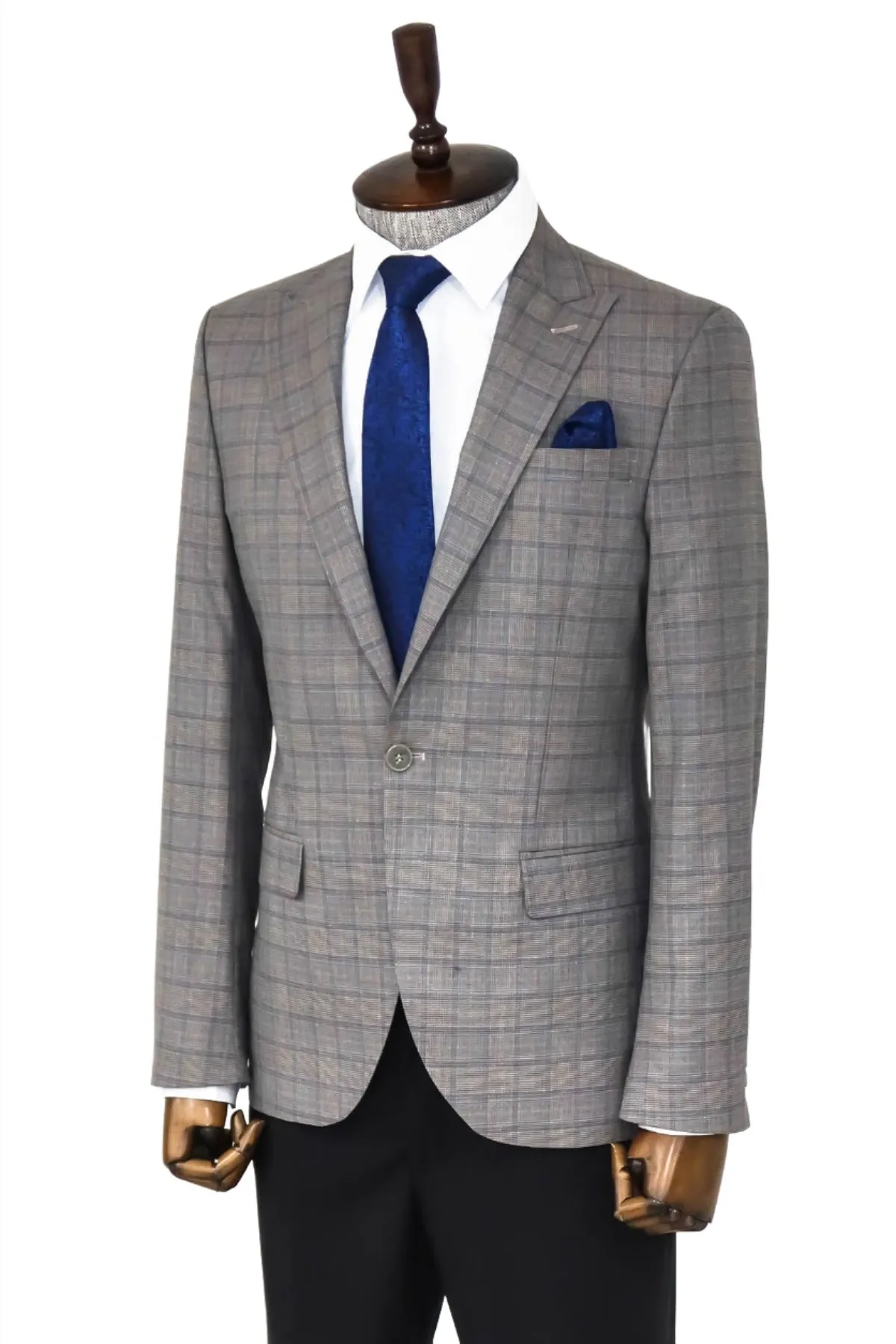 Slim Fit Peak Lapel Checked Grey Men Blazer - Wessi