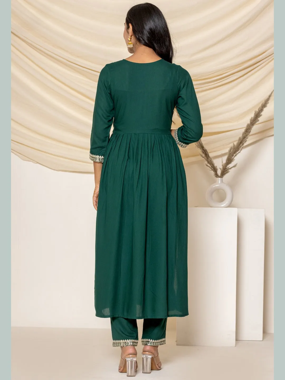 Solid Emboidered Nyra Cut Kurta with Pants - Bottle Green