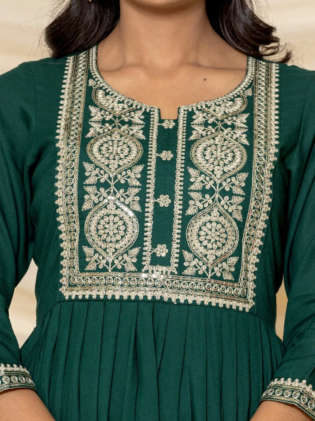 Solid Emboidered Nyra Cut Kurta with Pants - Bottle Green