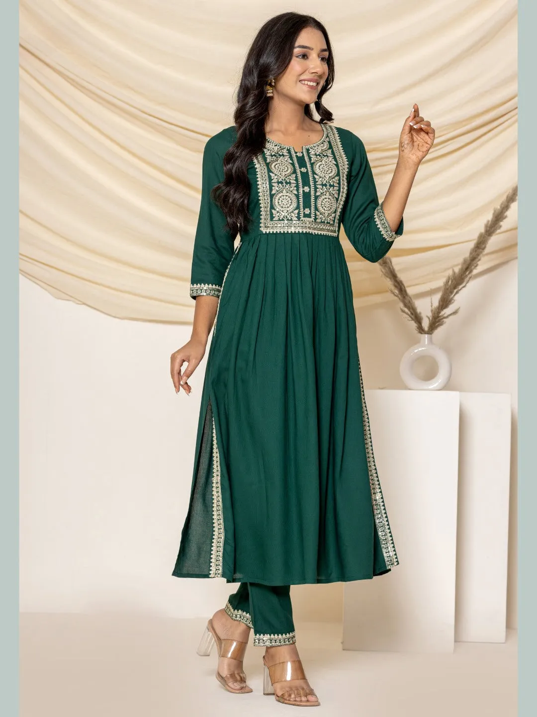 Solid Emboidered Nyra Cut Kurta with Pants - Bottle Green
