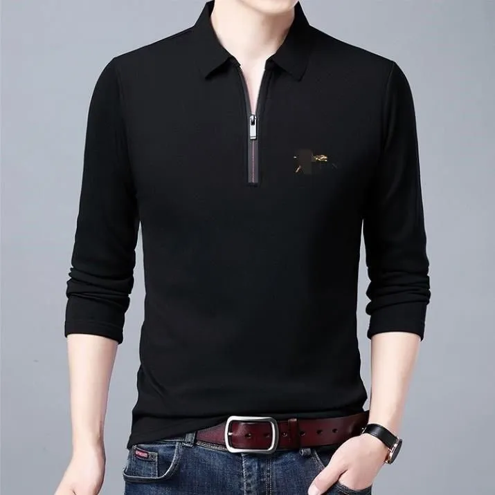 Spring And Autumn Men Long Sleeve Lapel Half Zip T Shirt