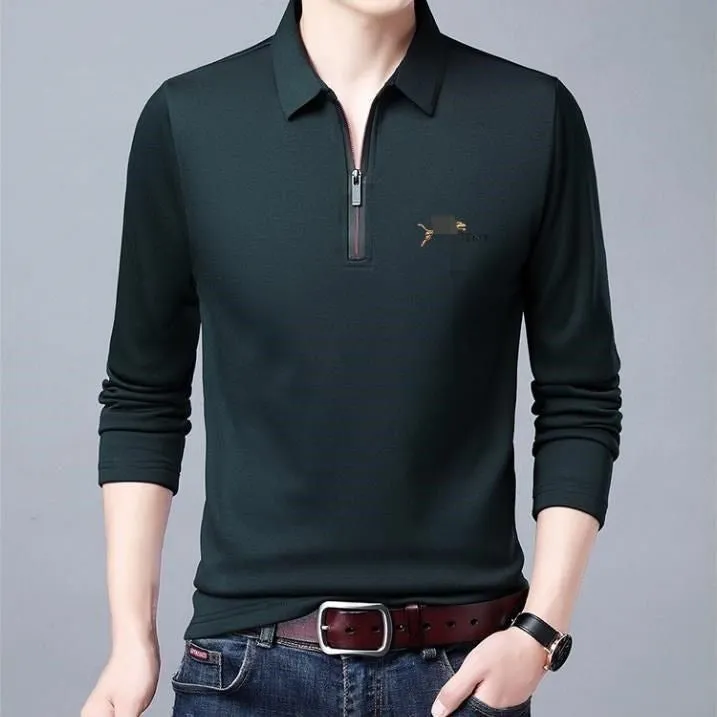 Spring And Autumn Men Long Sleeve Lapel Half Zip T Shirt