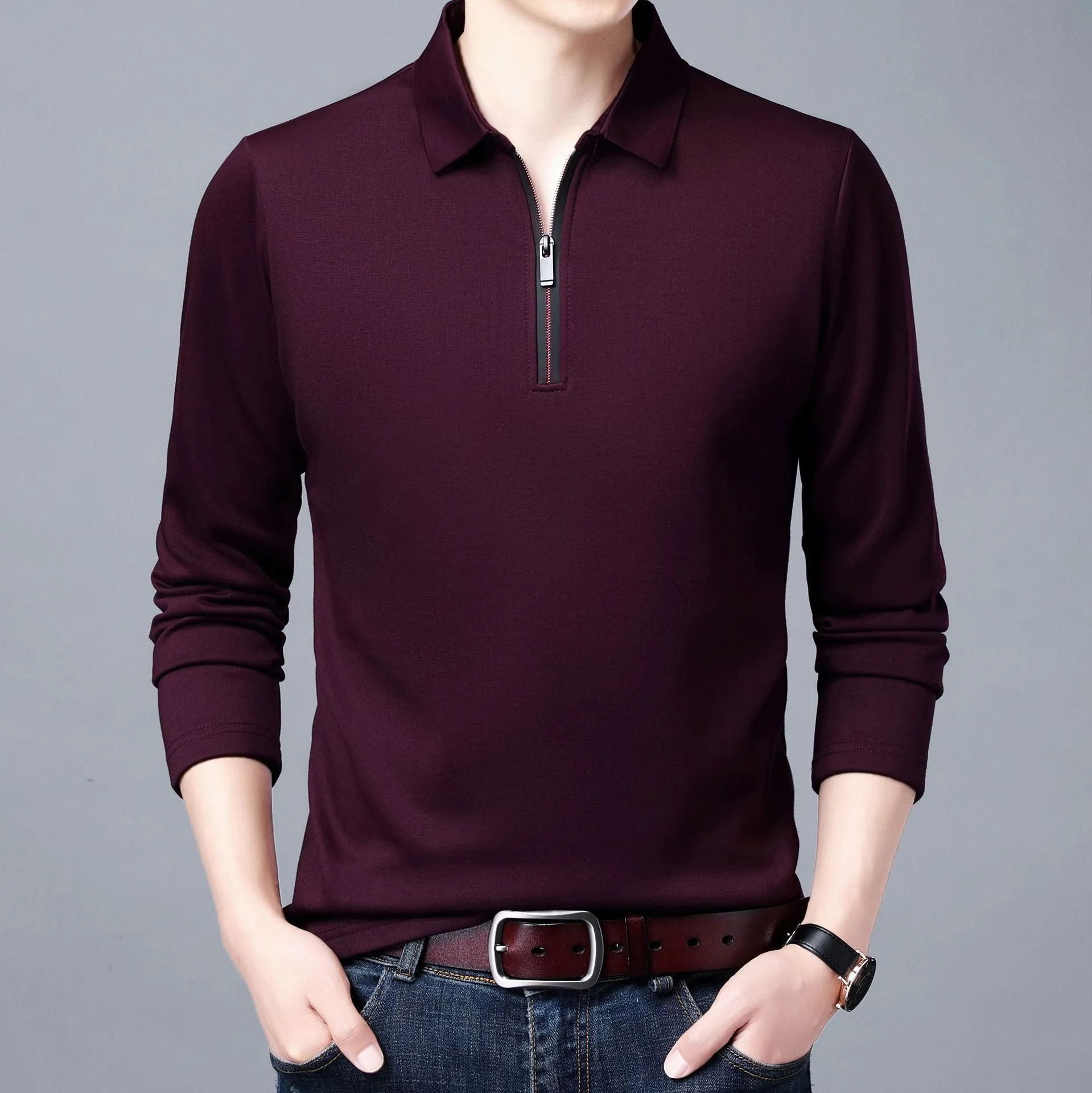 Spring And Autumn Men Long Sleeve Lapel Half Zip T Shirt