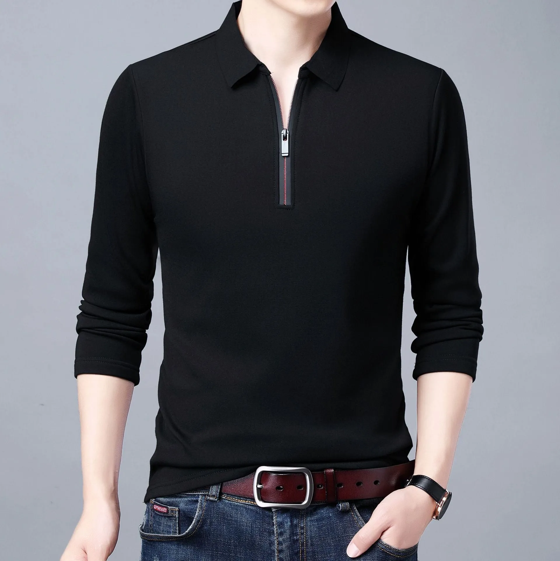 Spring And Autumn Men Long Sleeve Lapel Half Zip T Shirt