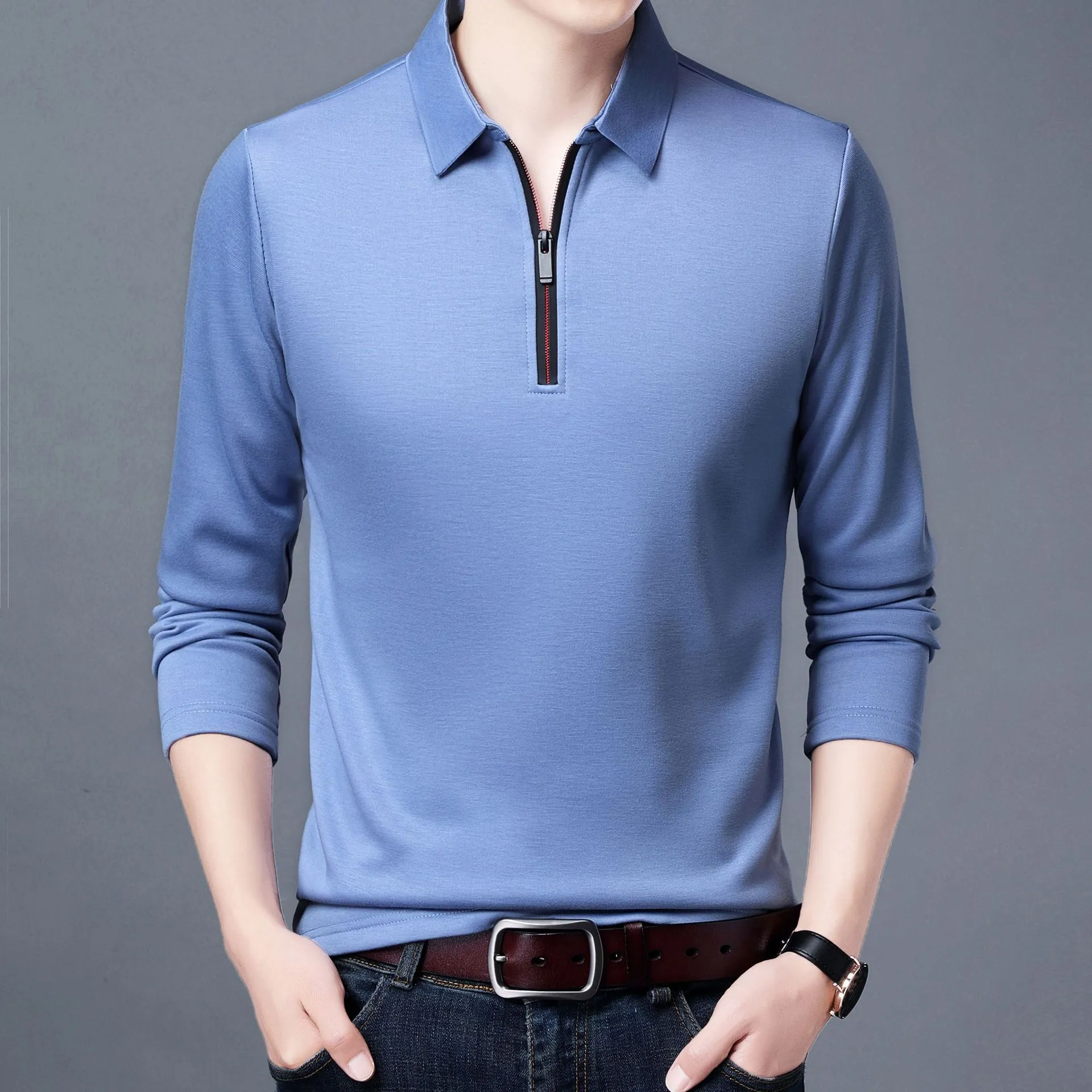 Spring And Autumn Men Long Sleeve Lapel Half Zip T Shirt