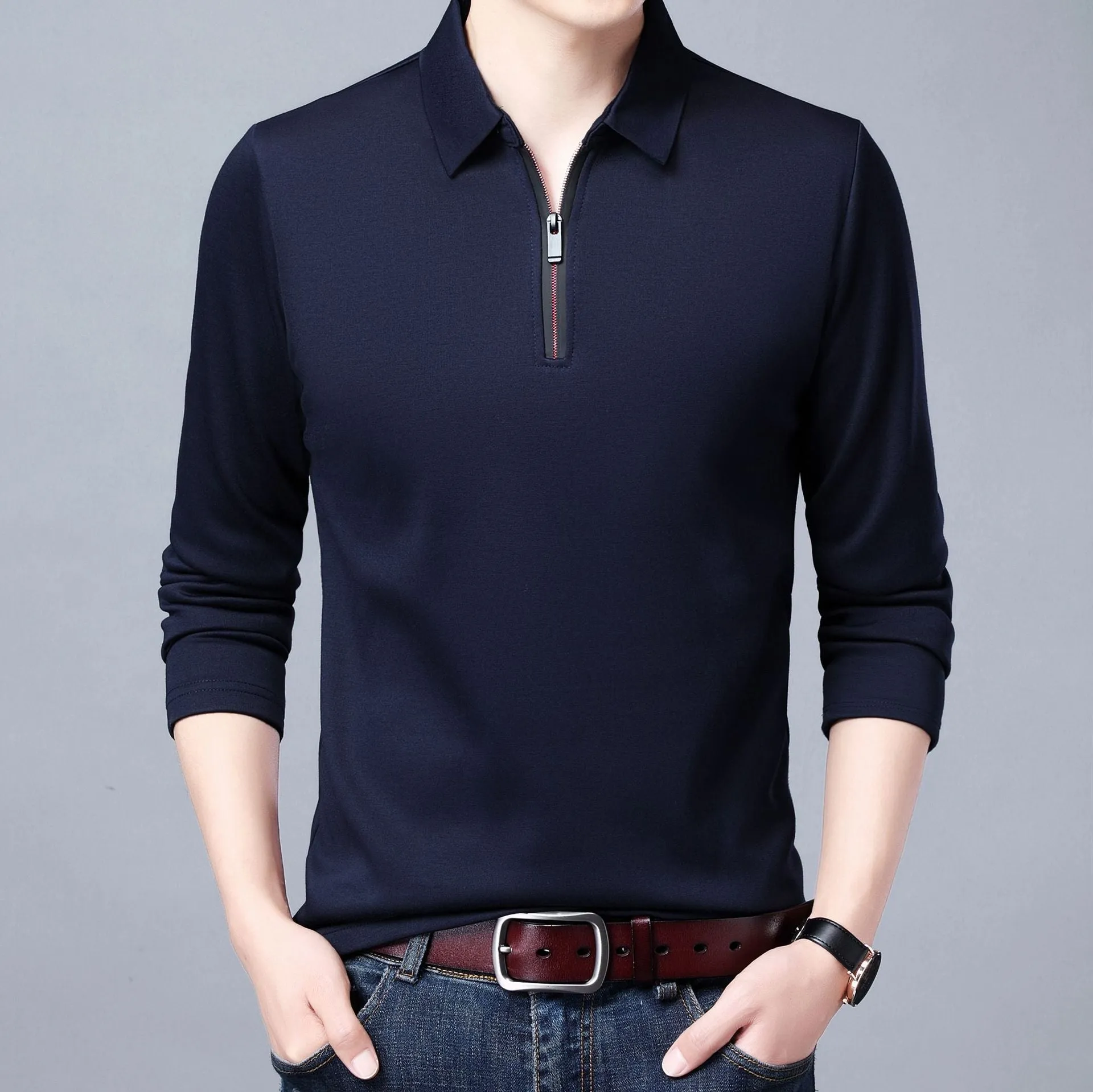 Spring And Autumn Men Long Sleeve Lapel Half Zip T Shirt