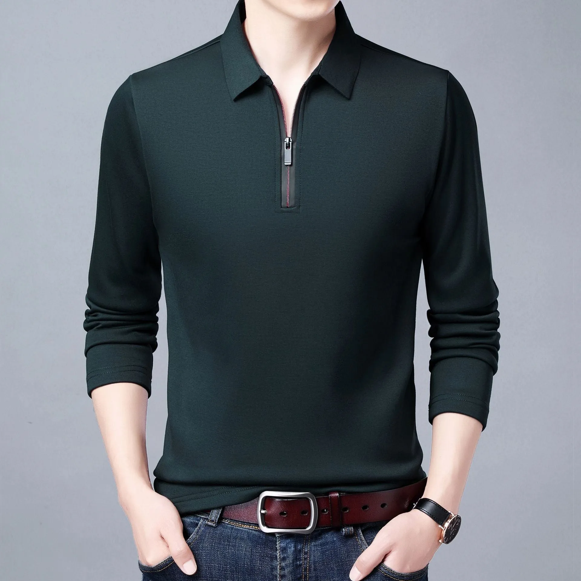 Spring And Autumn Men Long Sleeve Lapel Half Zip T Shirt
