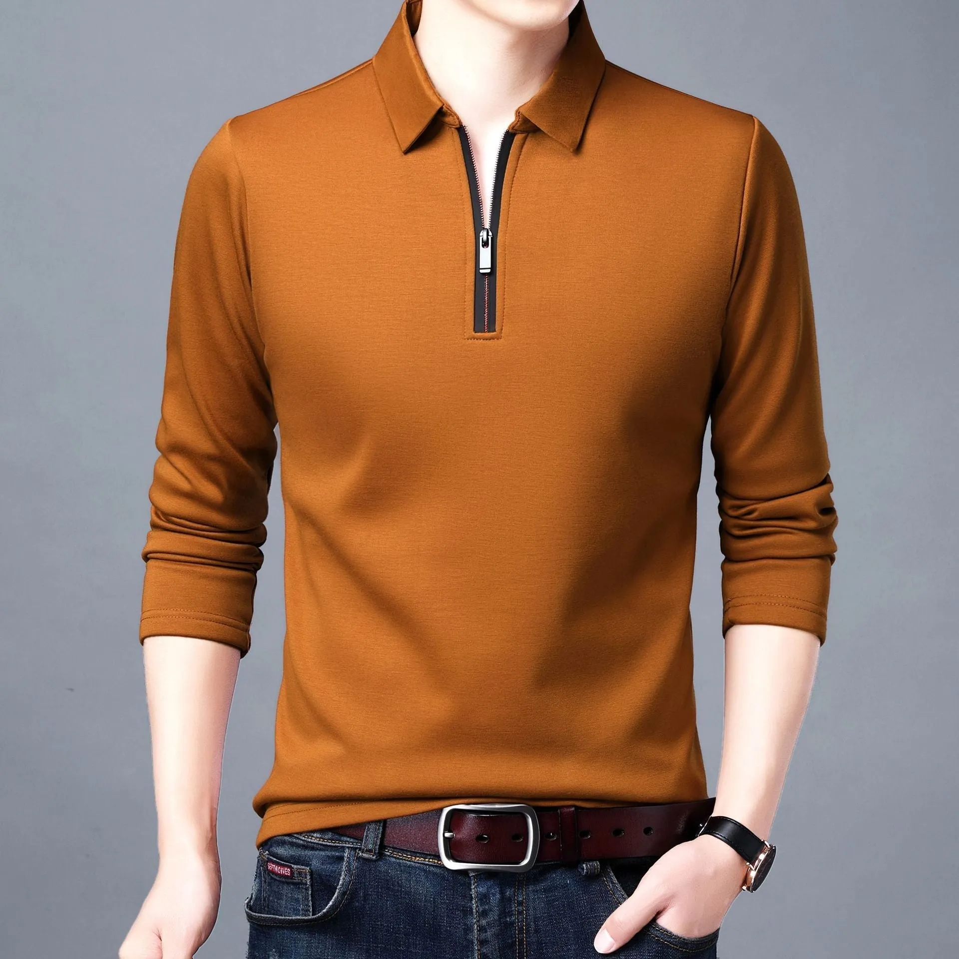 Spring And Autumn Men Long Sleeve Lapel Half Zip T Shirt
