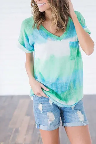 Stripe Print V-neck Short Sleeves Loose T-shirt