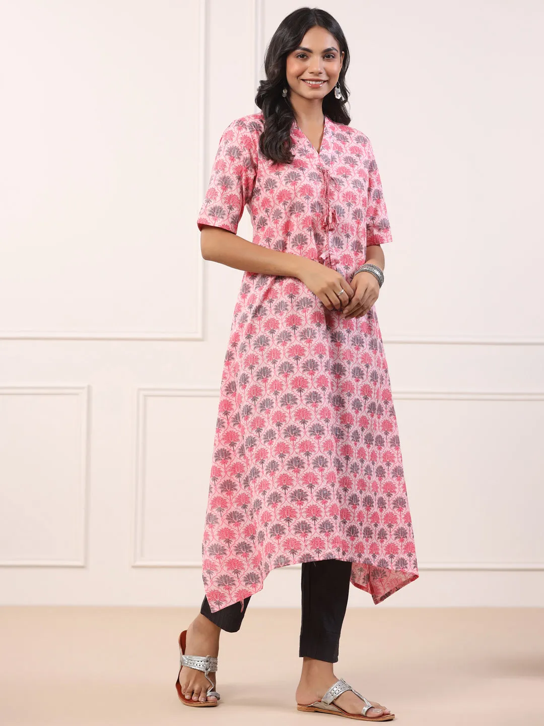 Stylish Asymmetrical Pink Cotton Kurta Only