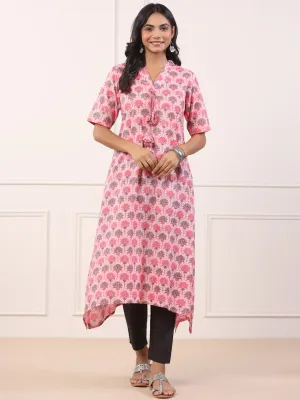 Stylish Asymmetrical Pink Cotton Kurta Only