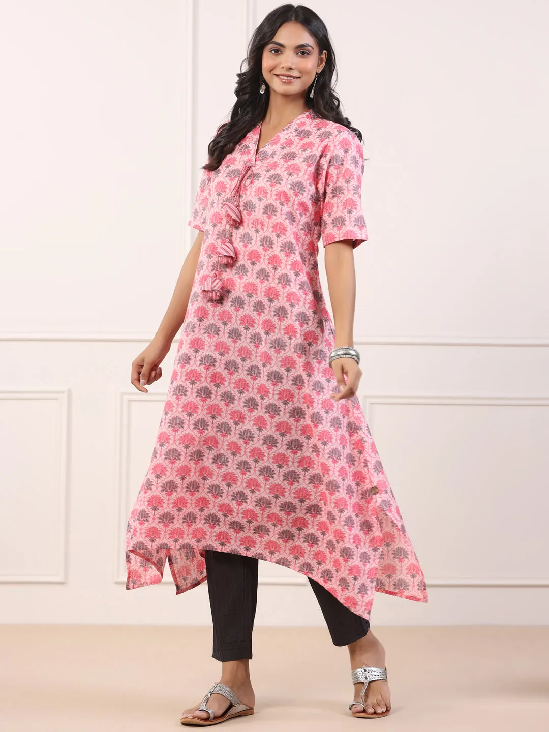 Stylish Asymmetrical Pink Cotton Kurta Only