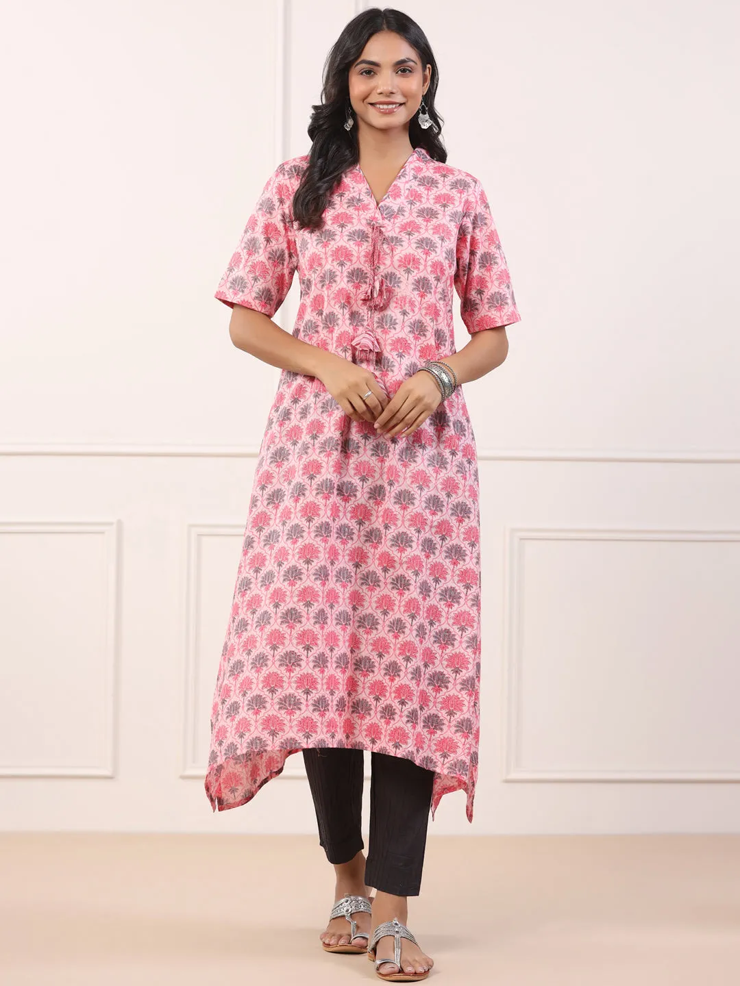 Stylish Asymmetrical Pink Cotton Kurta Only