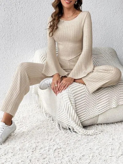 Stylish On The Go Flare Sleeve Long Sleeve Top and Pants Set