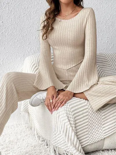Stylish On The Go Flare Sleeve Long Sleeve Top and Pants Set
