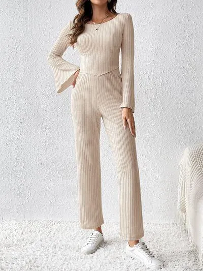 Stylish On The Go Flare Sleeve Long Sleeve Top and Pants Set
