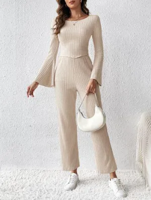 Stylish On The Go Flare Sleeve Long Sleeve Top and Pants Set