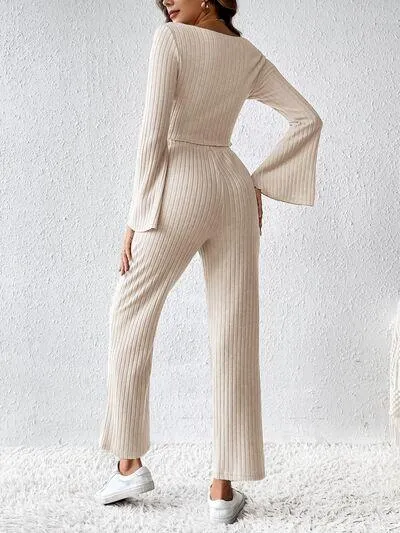 Stylish On The Go Flare Sleeve Long Sleeve Top and Pants Set