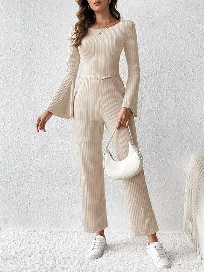 Stylish On The Go Flare Sleeve Long Sleeve Top and Pants Set