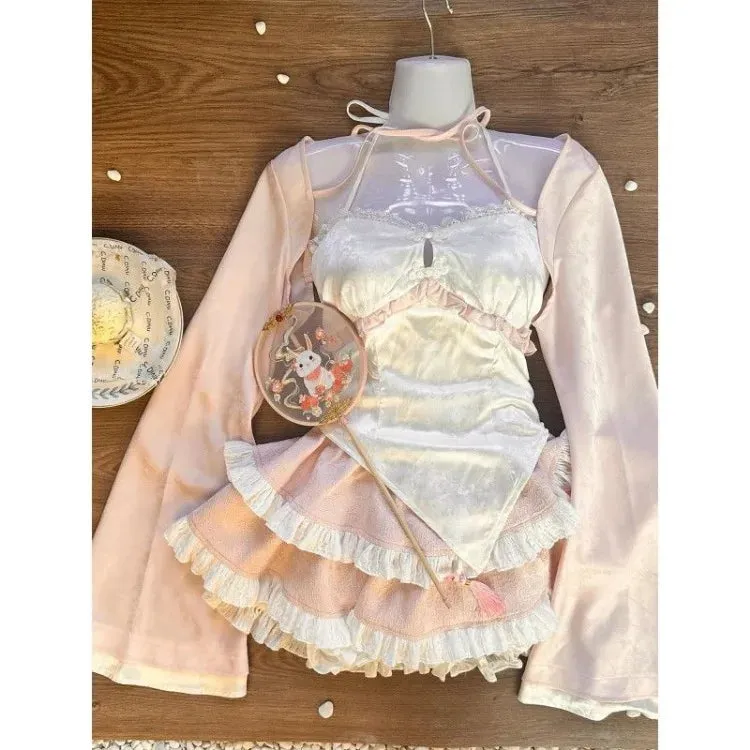 TAVIMART  -  New Chinese Style Pink Cardigan Coat Women  Irregular Slim Fit Camisole Vest  High Waist Ruched Lace Skirts Three Piece Sets
