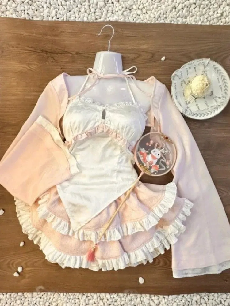 TAVIMART  -  New Chinese Style Pink Cardigan Coat Women  Irregular Slim Fit Camisole Vest  High Waist Ruched Lace Skirts Three Piece Sets
