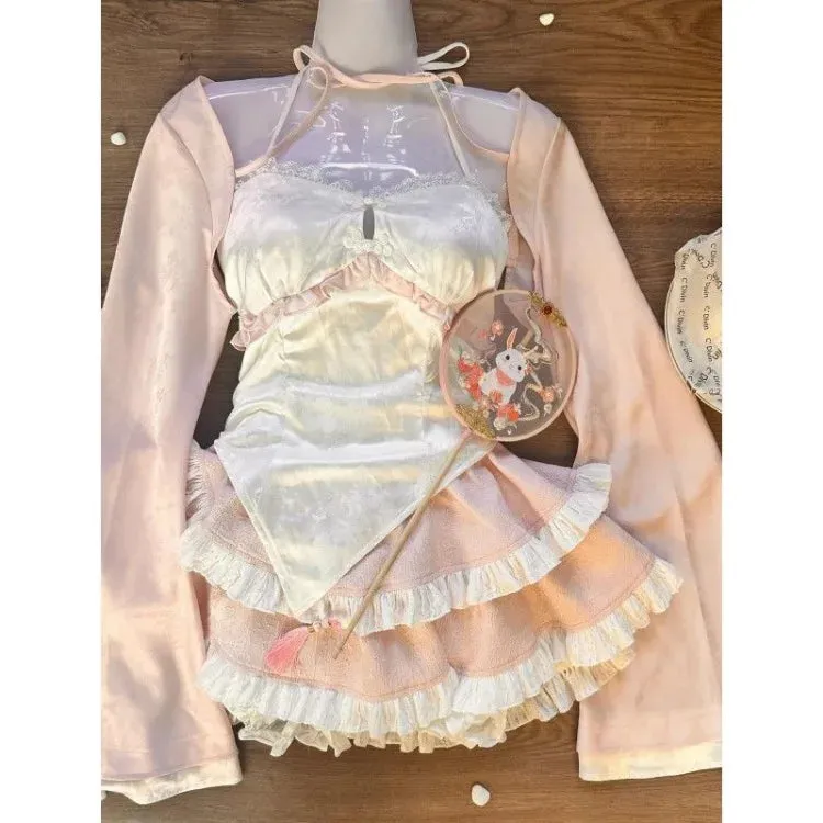 TAVIMART  -  New Chinese Style Pink Cardigan Coat Women  Irregular Slim Fit Camisole Vest  High Waist Ruched Lace Skirts Three Piece Sets