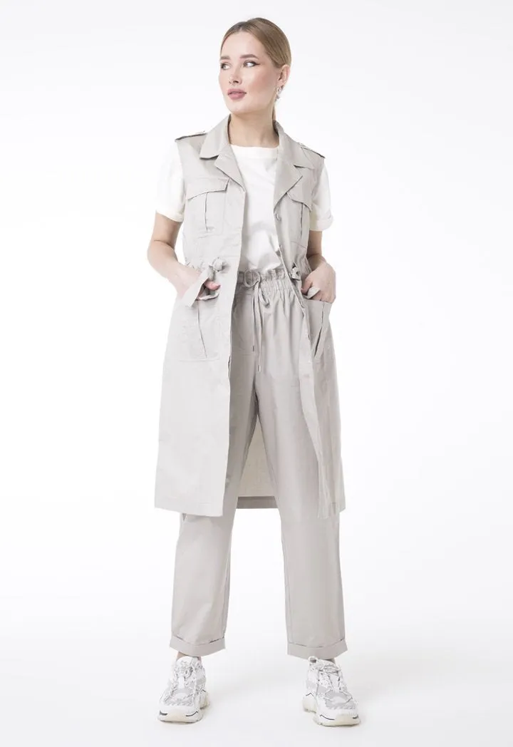 UNQ Frill Elastic Drawstring Waist Slim Fit Trouser BEIGE