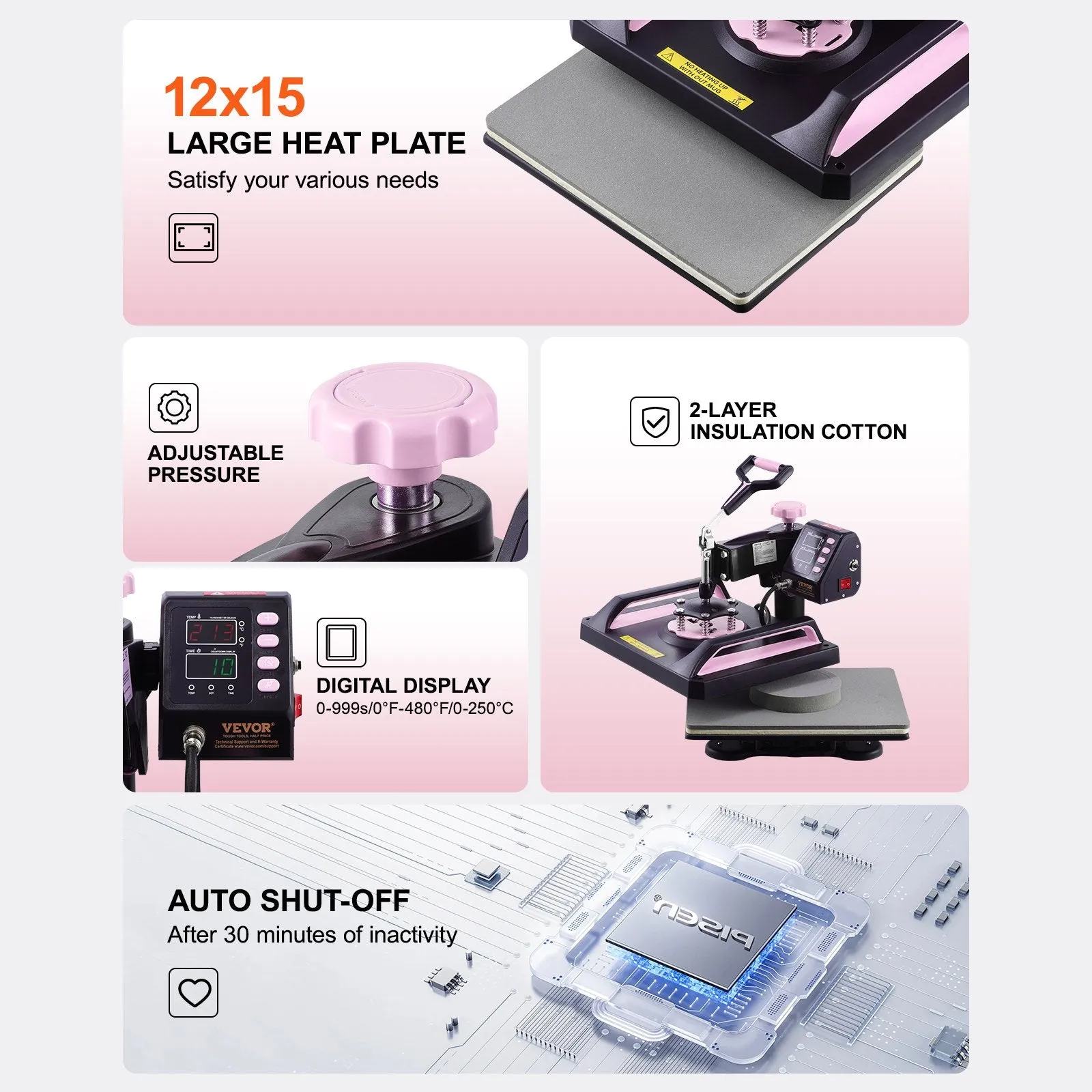 Vevor Heat Press 5-in-1 Machine 12" x 15" with 30oz Tumbler Press Black/Pink New