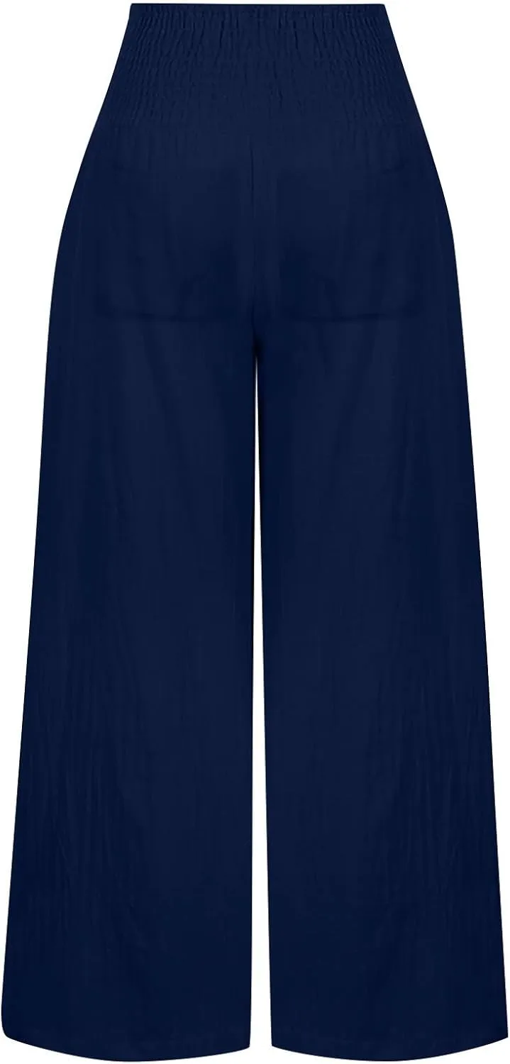 Women Cotton Linen Summer Striped Palazzo Lounge Pants Elastic Waist Stretchy Plus Size Trouser Trendy