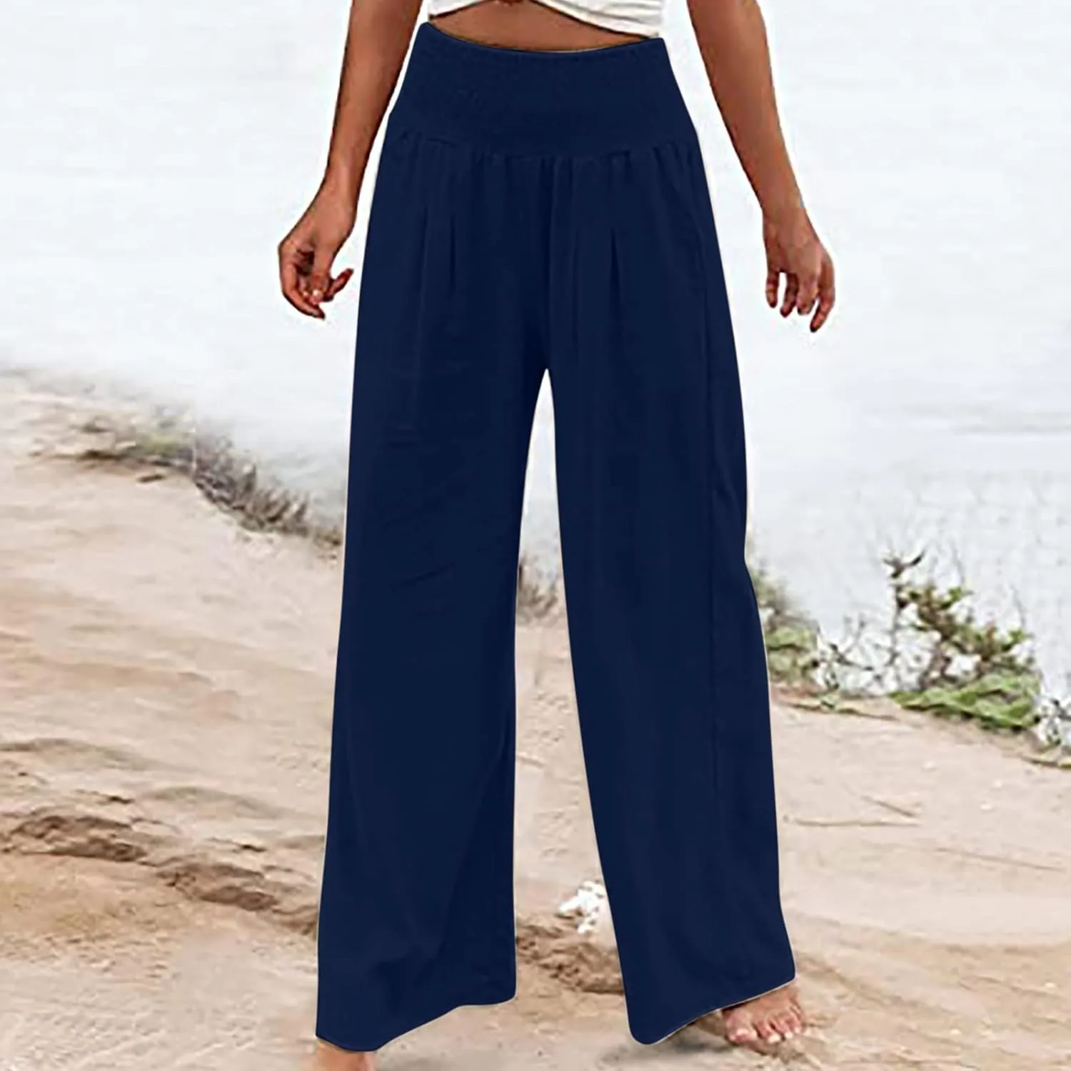 Women Cotton Linen Summer Striped Palazzo Lounge Pants Elastic Waist Stretchy Plus Size Trouser Trendy