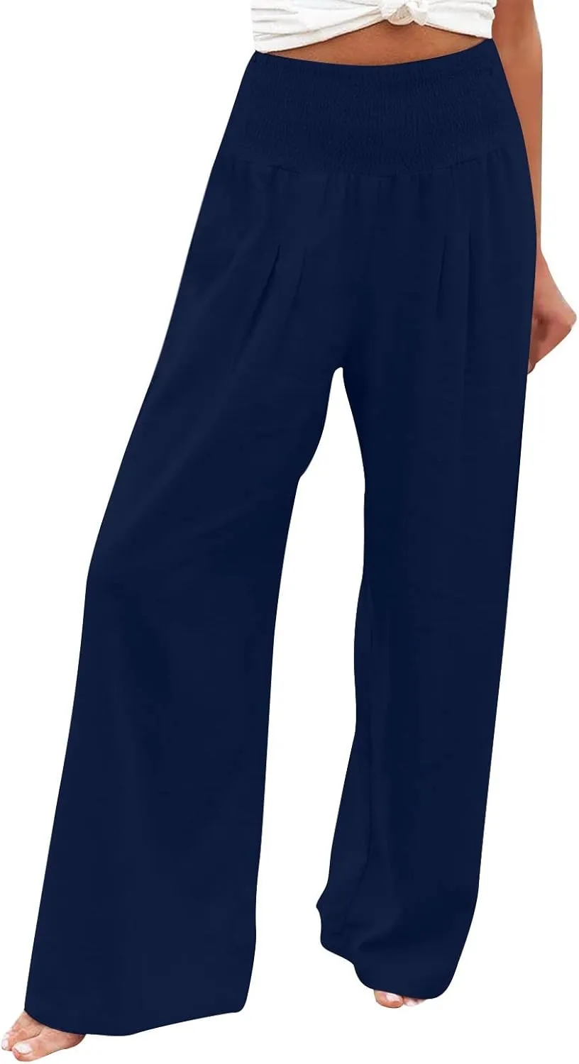Women Cotton Linen Summer Striped Palazzo Lounge Pants Elastic Waist Stretchy Plus Size Trouser Trendy